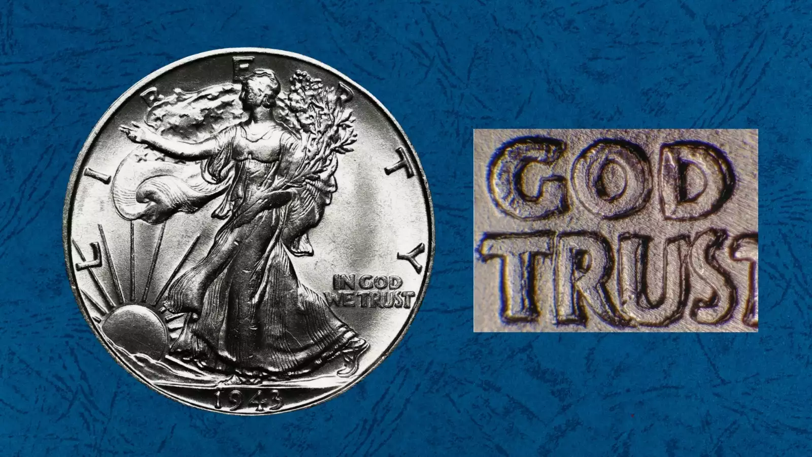 1943 Walking Liberty half dollar off-center strike error showing blank planchet crescent and partial design
