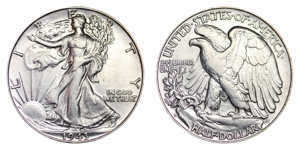 Three 1943 Walking Liberty half dollar varieties — Philadelphia, Denver, and San Francisco — displayed together showing all three mint marks